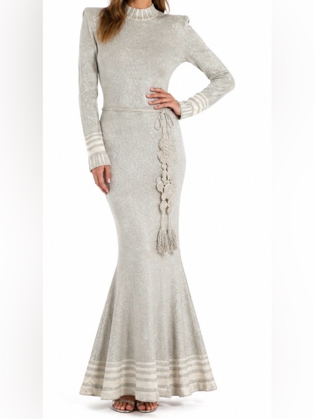 NWOT - Vintage Solini Metallic Lurex Knit Mermaid Maxi Dress w/ Crochet Belt 12